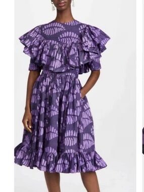 Sika Purple Ruffled Leaf-Print Midi Dress
